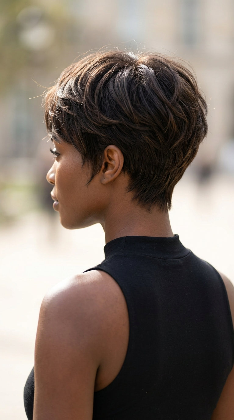 Espresso Pixie Haircut 2026 very short espresso pixie haircut with cool chocolate undertones, textured layers, tapered sides β elegant & natural