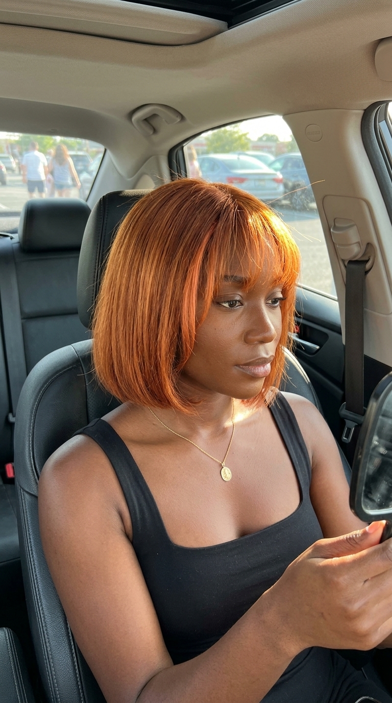 Gorgeous Summer French Bob 2026: Copper Kiss Short Bob short french bob haircut with fiery copper, golden-red undertones, and face-framing highlights — bold playful style