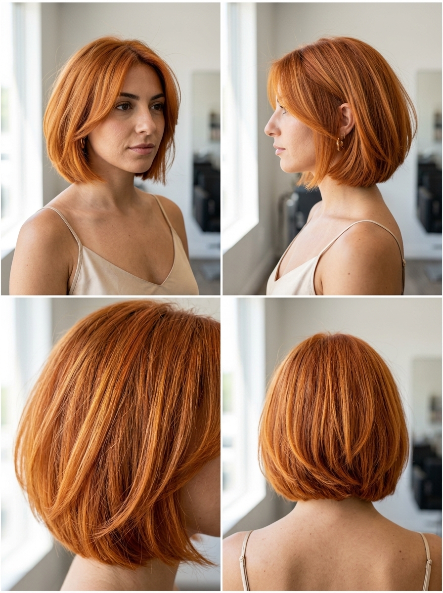 short fiery ginger italian bob with copper undertones, internal layering, no fringe — playful chic