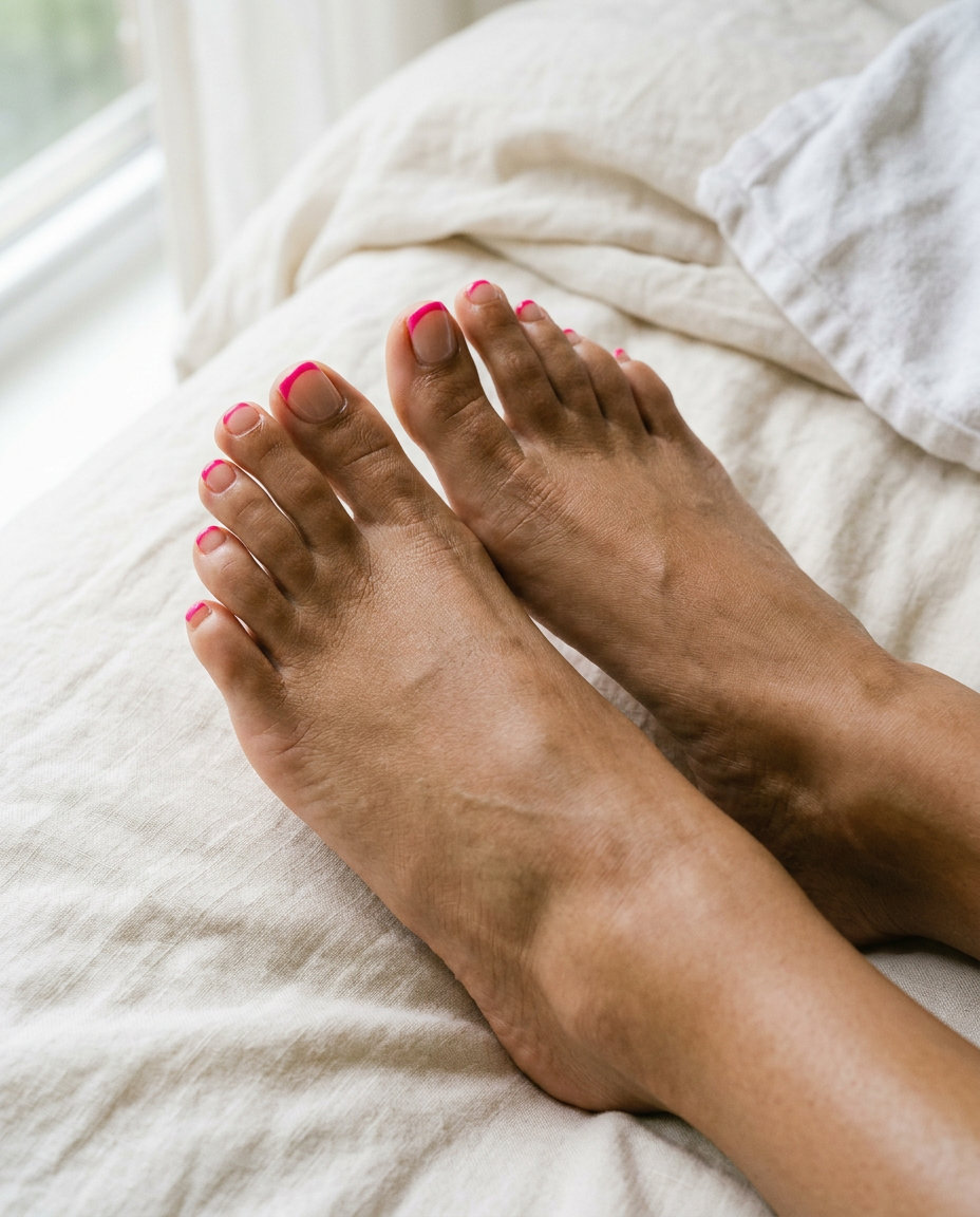 Vivid Nude Base French pedicure for summer 2026, perfect for vacations and festivals with bold, vibrant colors.