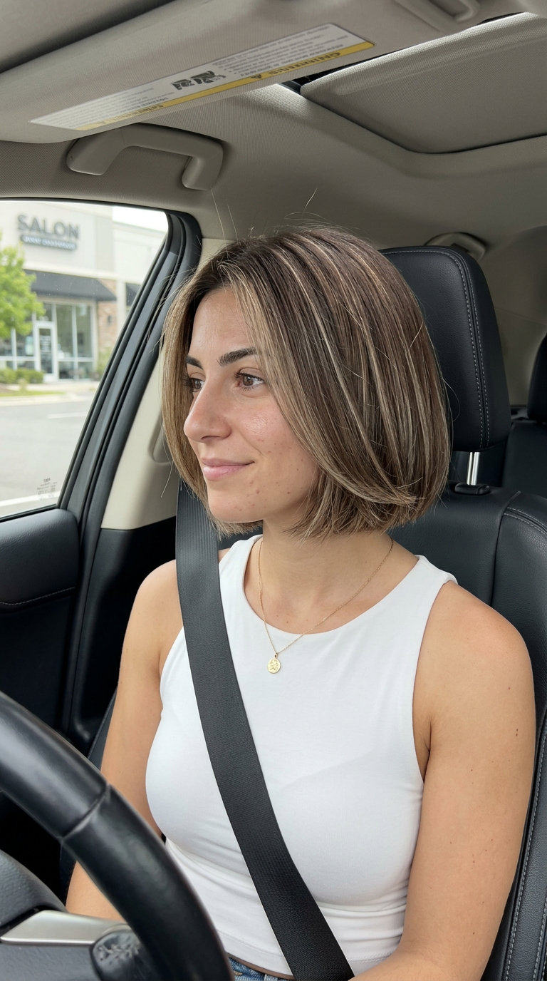 short italian bob haircut with frosted pecan brunette, cool ash babylights and blunt perimeter for chic look