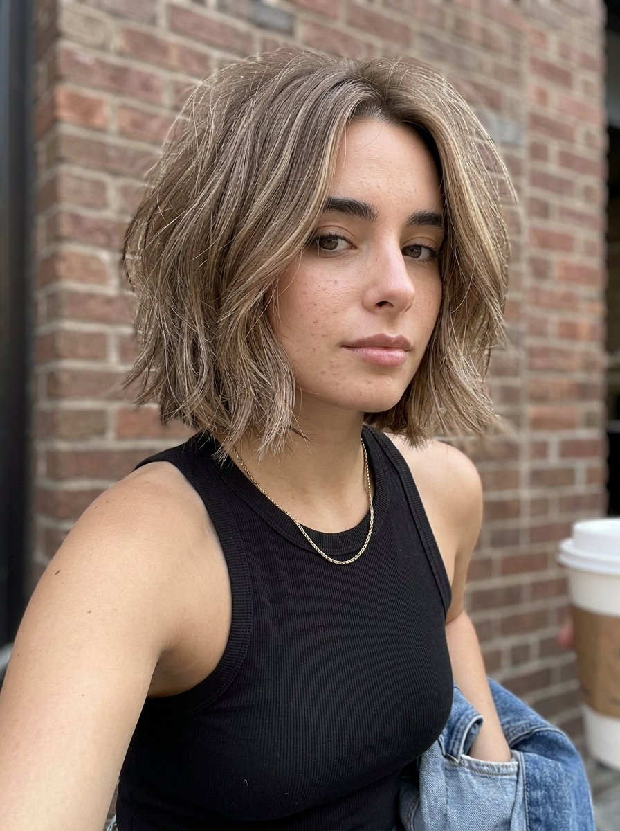 short italian bob haircut with frosted pecan balayage, textured layers and chin-length fringe for edgy look