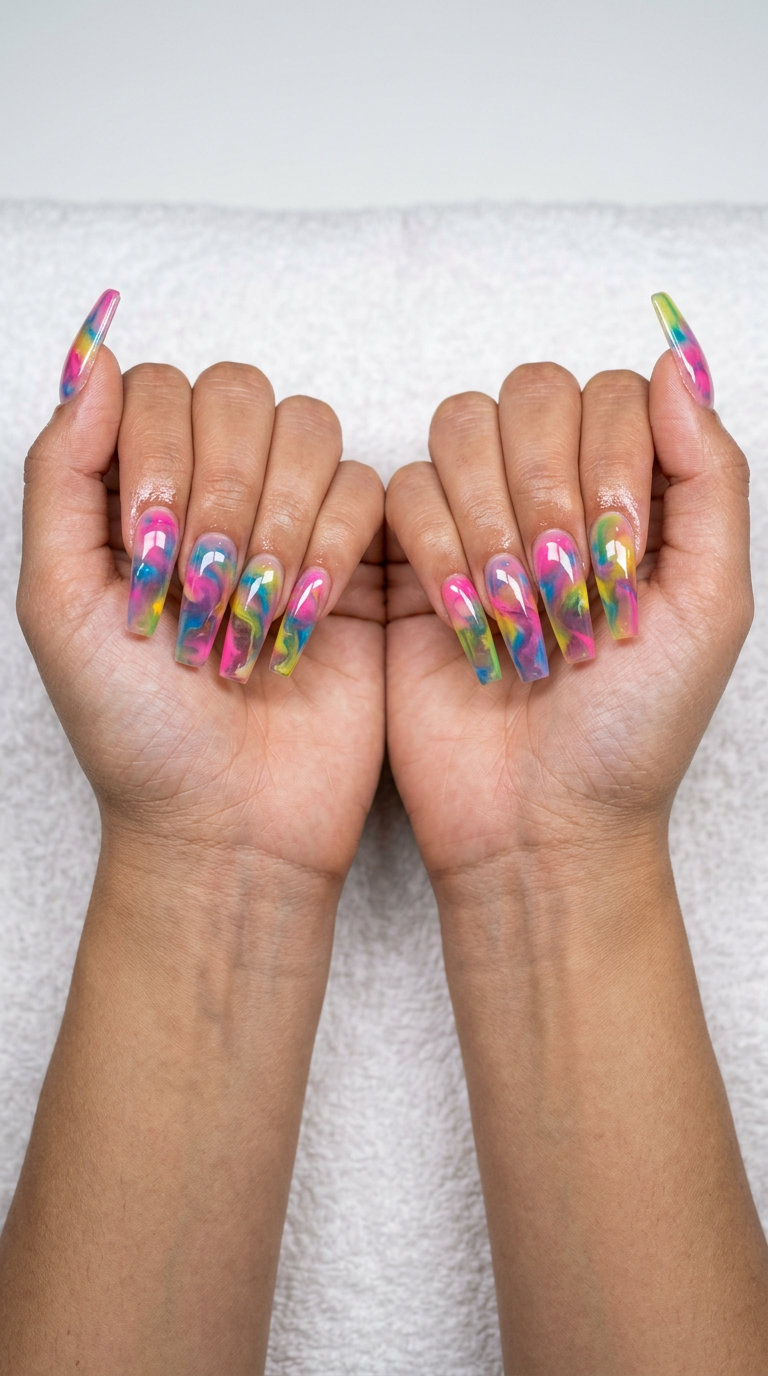 Fun Summer Nails 2026: Candy Swirl Jelly Vacation Style Fun summer nails 2026: Candy Swirl Jelly translucent pink, blue, yellow, green coffin nails for vacation.