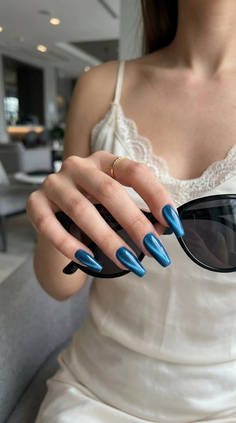 Cerulean Cat-Eye Nails 2026: Sultry Glam Cerulean blue cat-eye nails for fun summer nails 2026, sultry and sophisticated evening event style.