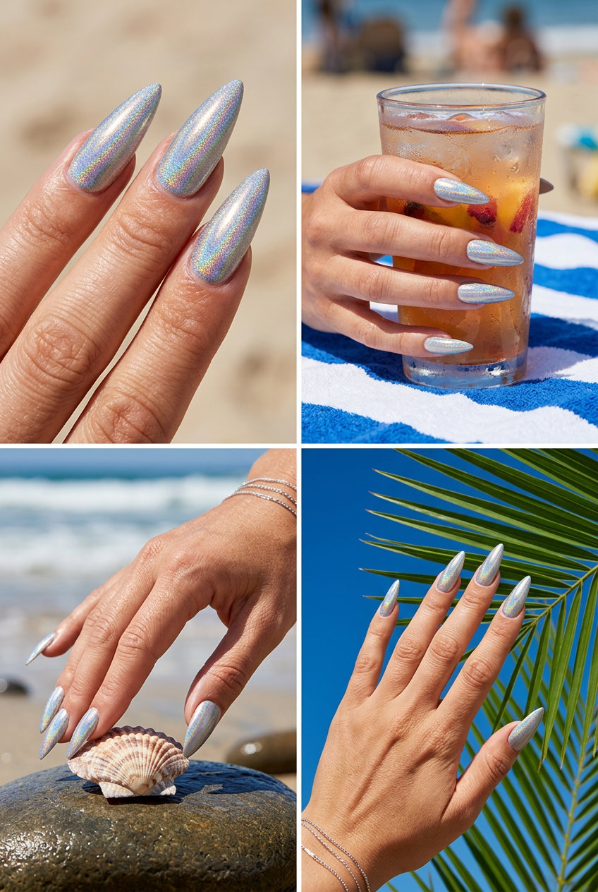 Cosmic Holographic Nails 2026: Festival Ready Cosmic holographic silver stiletto nails for fun summer nails 2026, perfect for festivals and avant-garde looks.