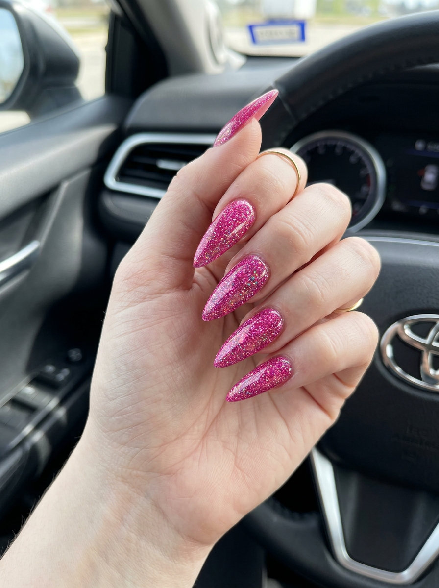 Fun summer nails 2026: Disco Stiletto Hot Pink Flash for parties or festivals. Glamorous & energetic.