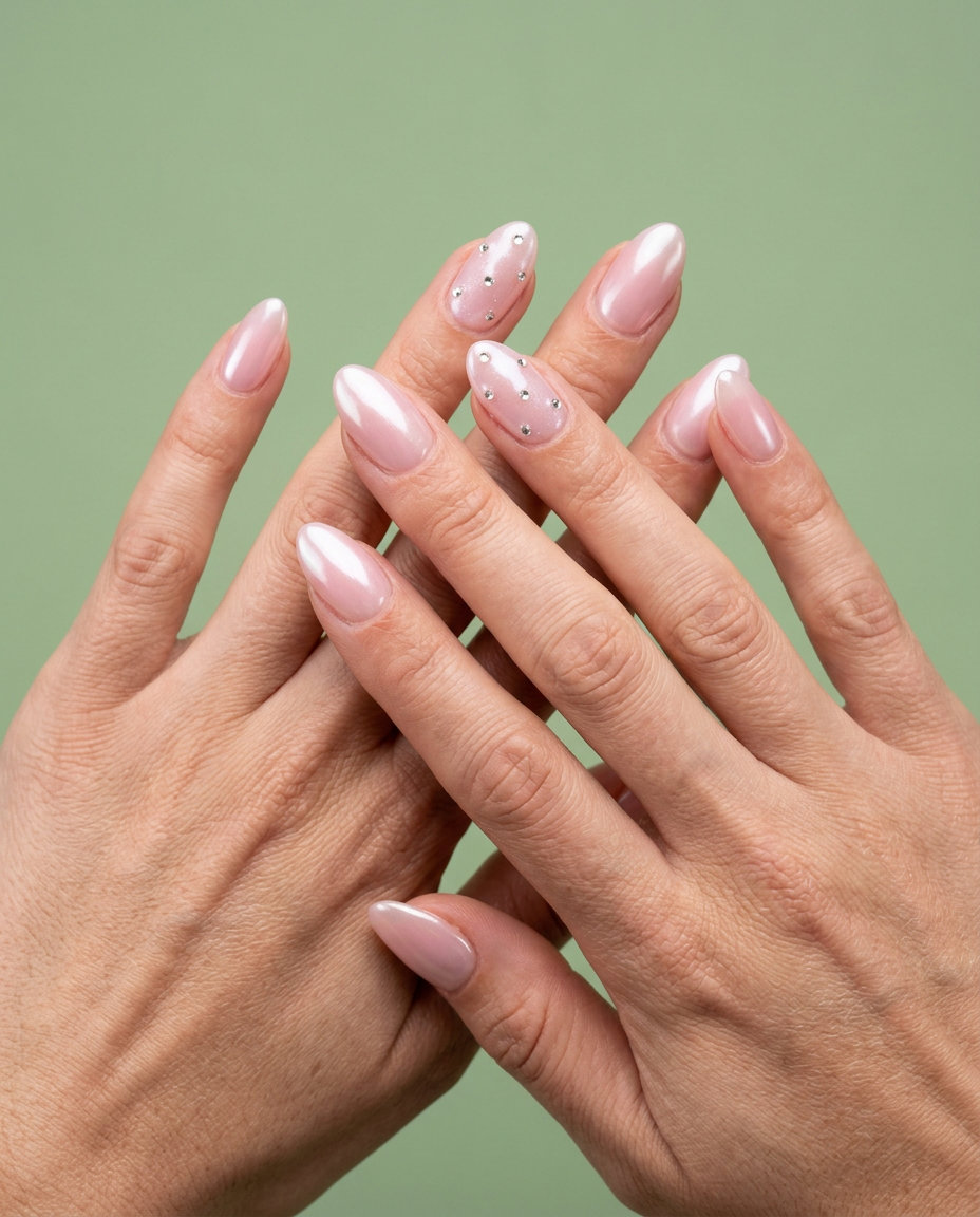 Fun Summer Nails 2026: Fairy Princess Sparkle Date Night Fun summer nails 2026: Fairy Princess Sparkle pearlescent pink oval nails with rhinestones for date night.