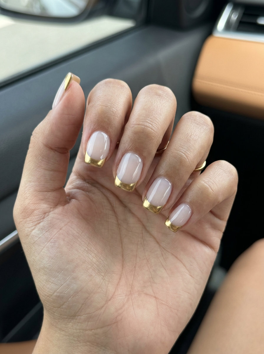Gilded French Nails 2026: Summer Elegance Gilded summer French nails for fun summer nails 2026, elegant with metallic gold tips on a sheer nude base.