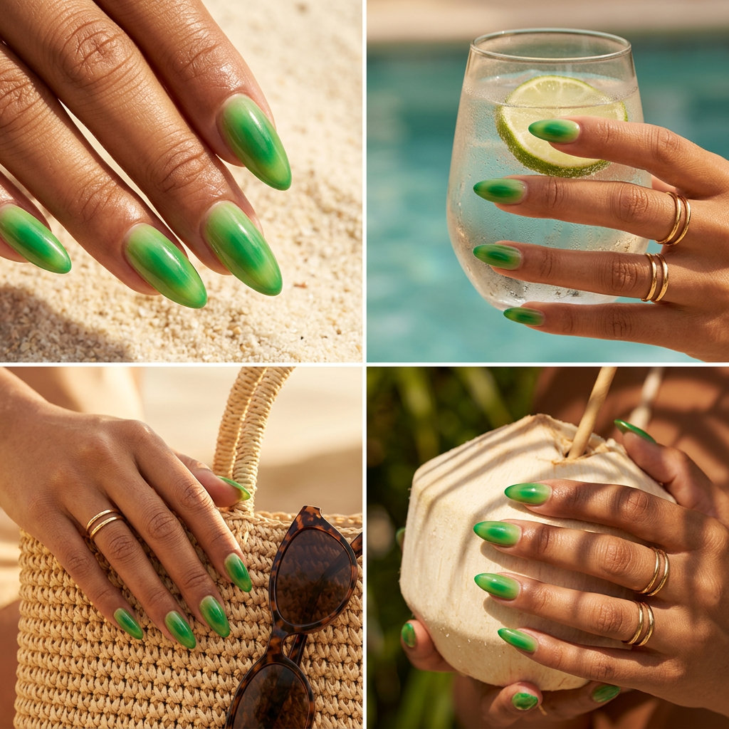Green Aura Nails 2026: Mystical Summer Enchanted forest aura gradient nails for fun summer nails 2026, whimsical and mystical festival style.