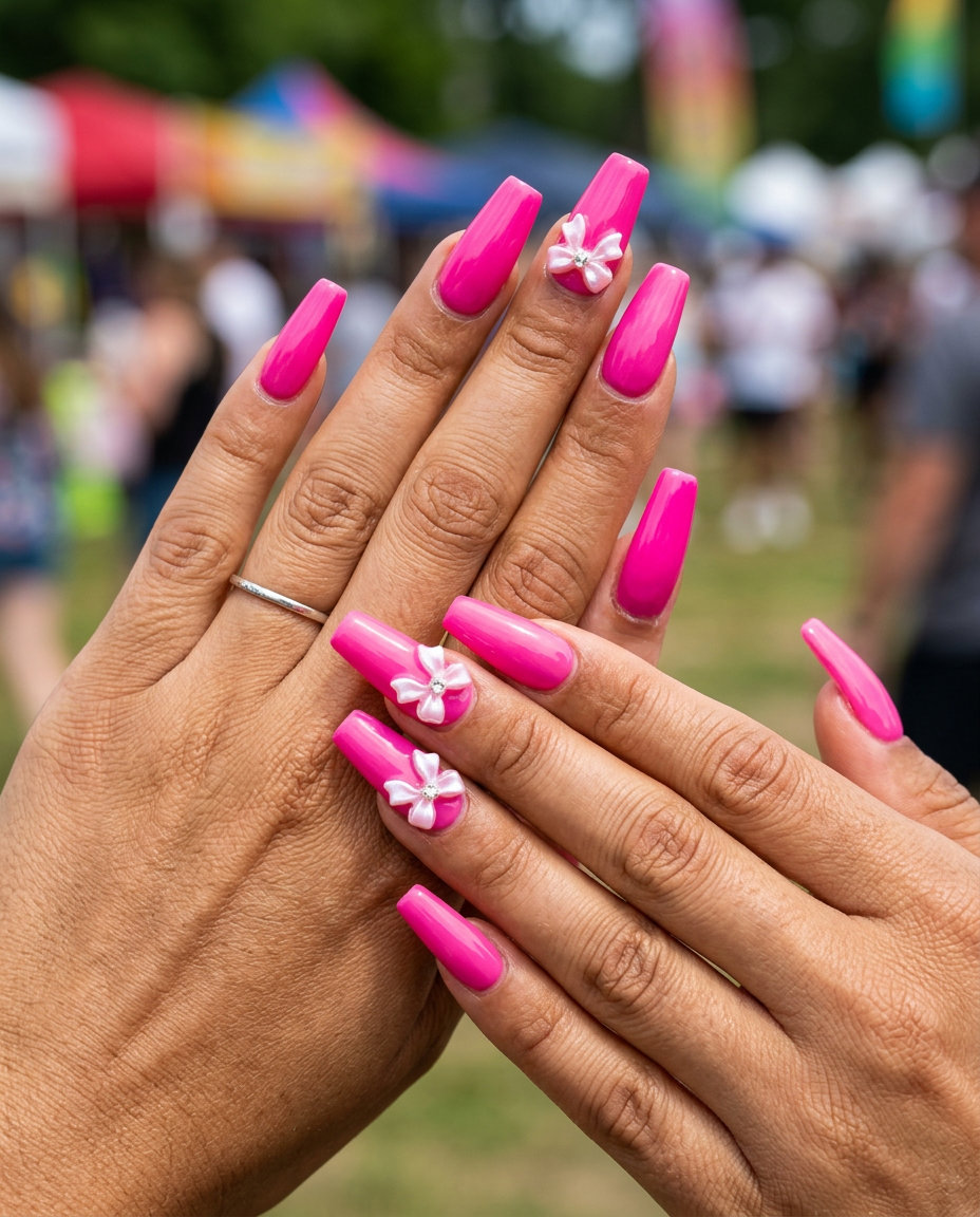 Hot Pink Bow Nails 2026: Y2K Glam Hot pink 3D bow charm nails for fun summer nails 2026, glamorous Y2K party style with rhinestones.