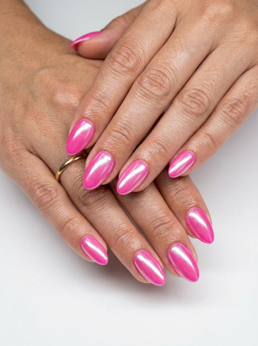 Hot Pink Glazed Nails 2026: Bold Glam Hot pink glazed donut nails for fun summer nails 2026, glamorous and bold party style with iridescent shimmer.