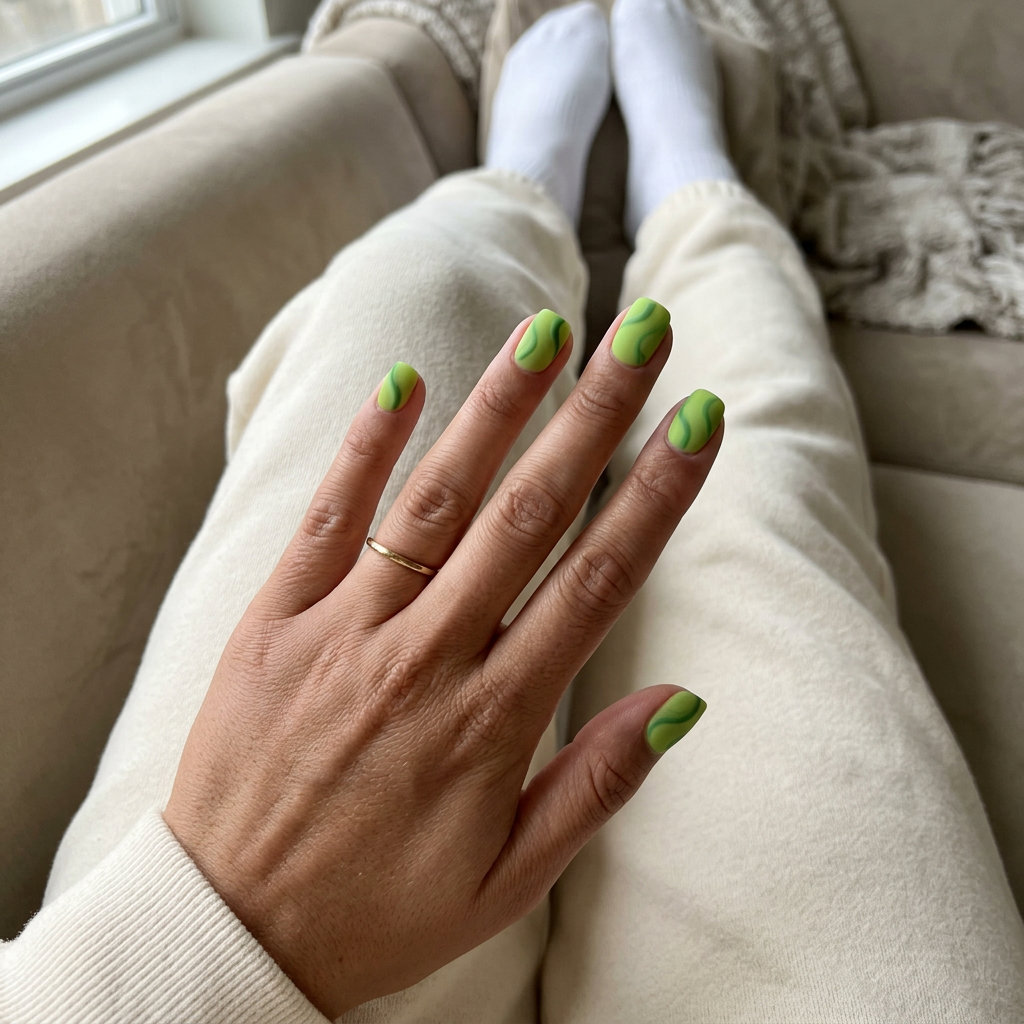 Matte Lime Swirl Nails 2026: Playful Summer Zesty matte lime green swirl nails for fun summer nails 2026, playful and edgy weekend style.