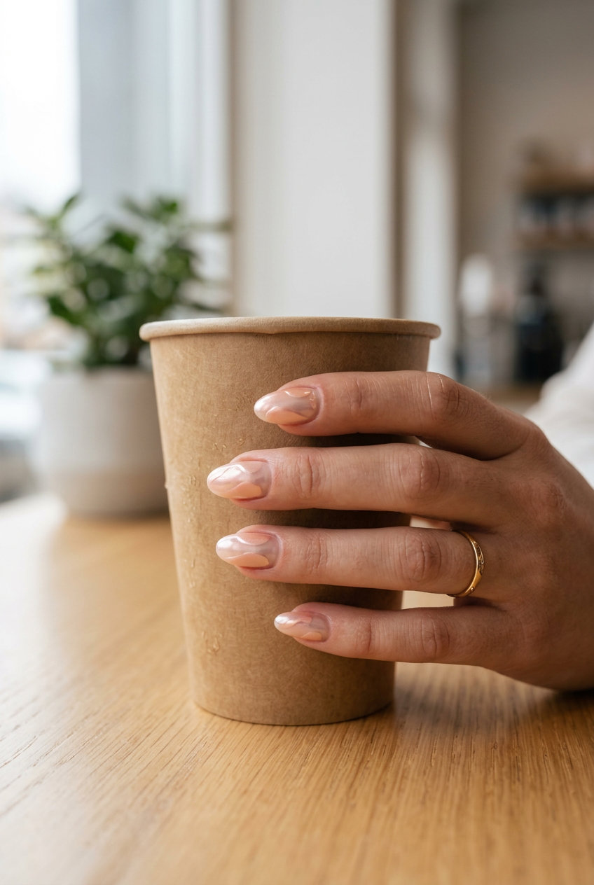 Peach Chrome Nails 2026: Minimalist Chic Ethereal peach chrome abstract nails for fun summer nails 2026, minimalist and artistic casual chic.