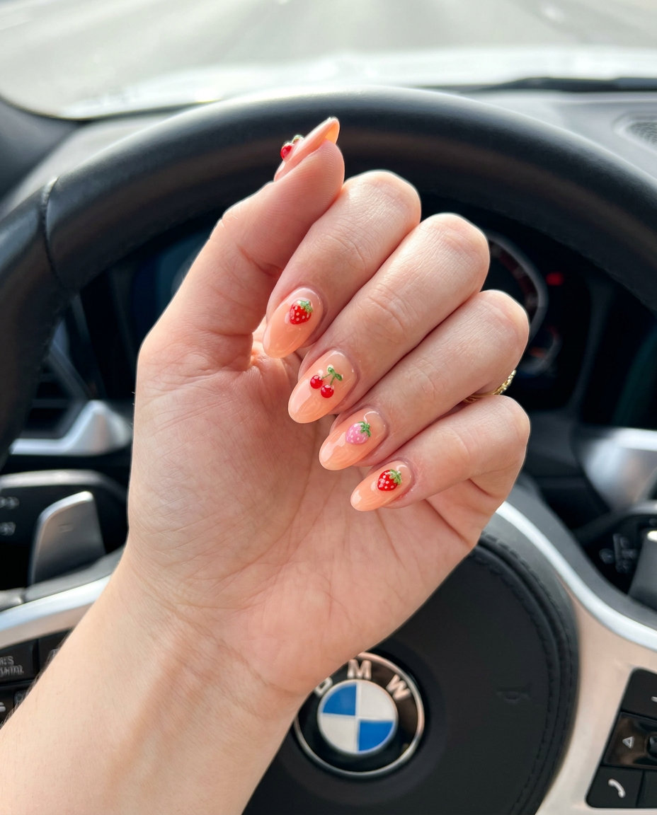Fun Summer Nails 2026: Peach Fuzz Fruit Charms Fun summer nails 2026: Peach Fuzz Tiny Fruit Charms for a picnic or vacation. Whimsical & sweet.