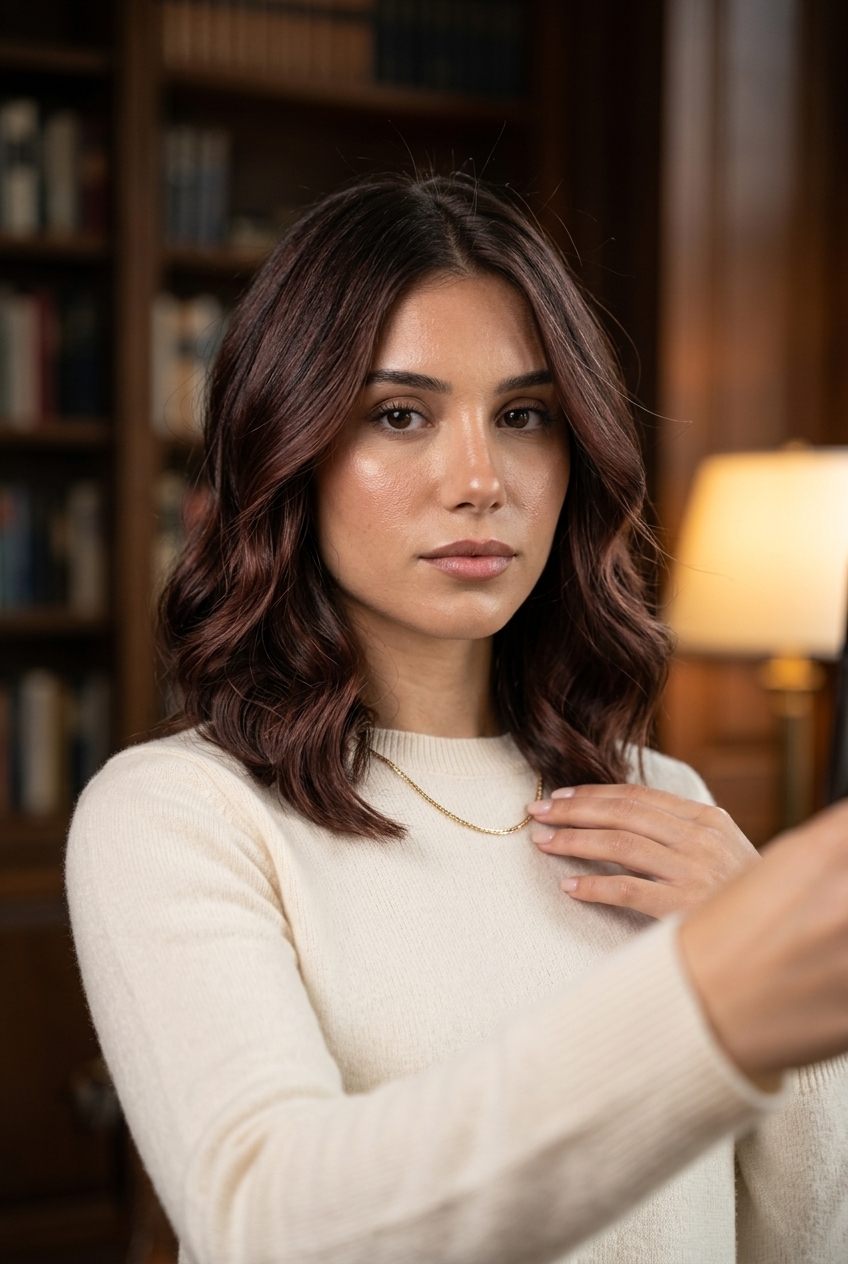 long layered warm brownish-red garnet balayage for effortless elegance