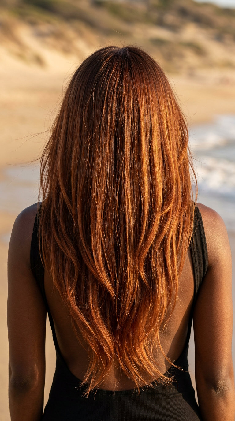 long glossy auburn hair with V-cut layers and face-framing pieces for romantic look
