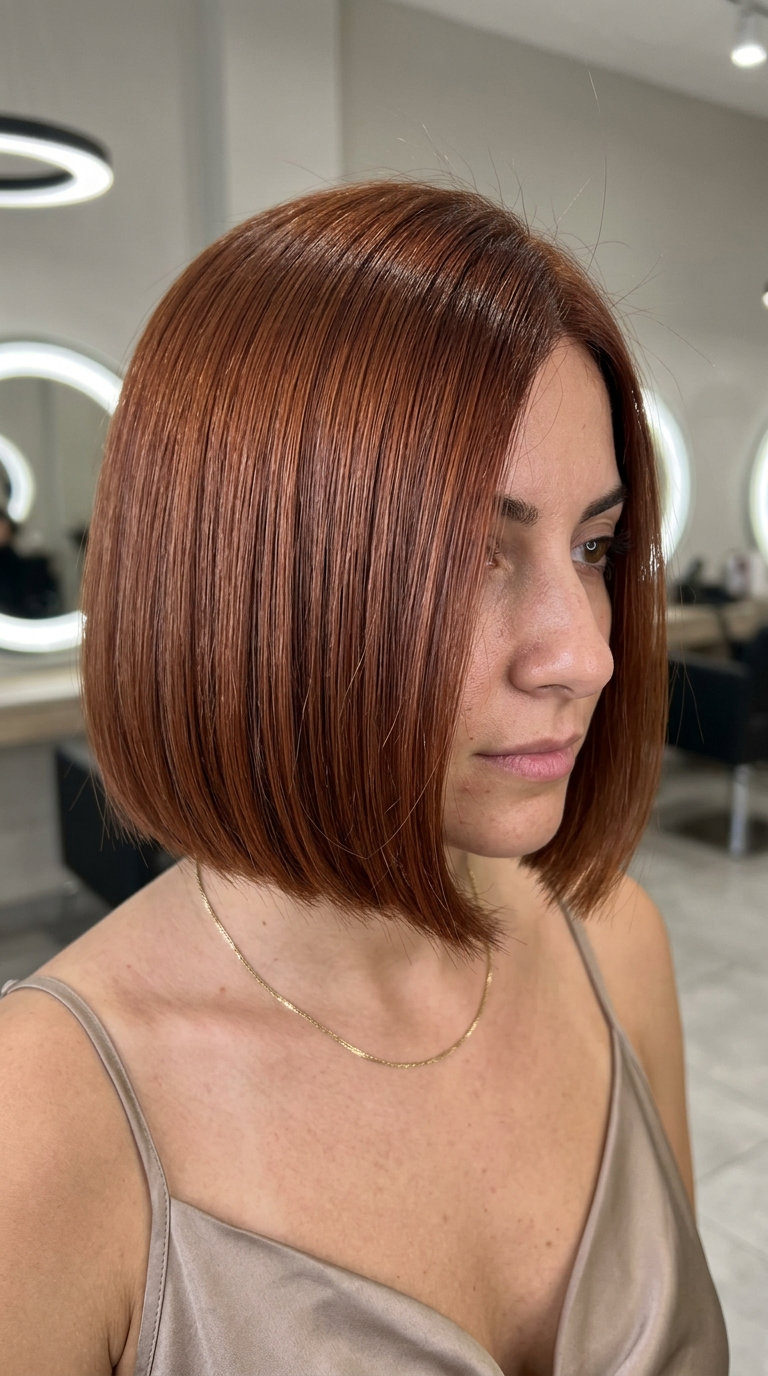 chin-length glossy auburn bob with blunt cut and deep side part for sophisticated look