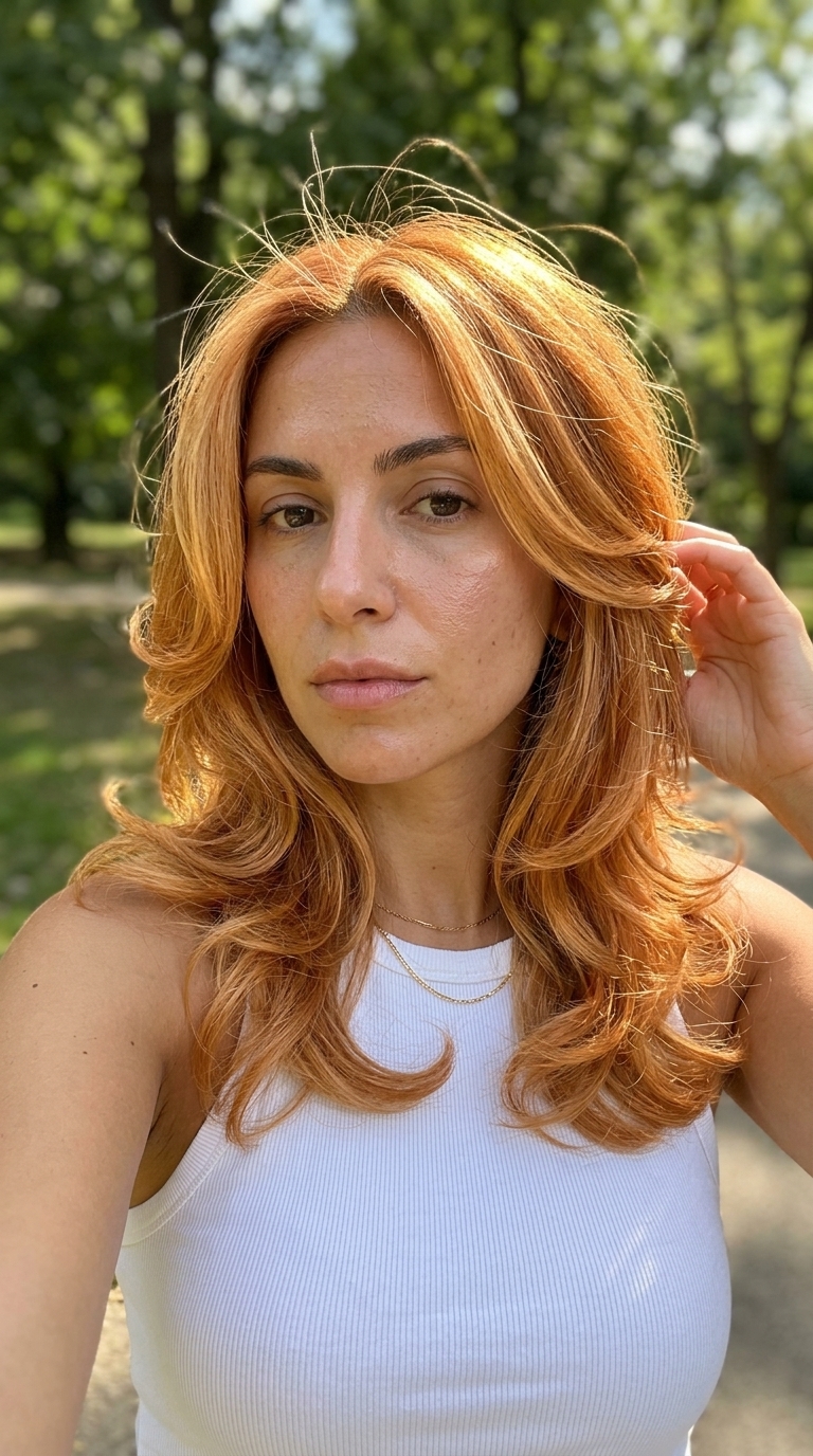 long golden apricot copper balayage with honey blonde accents, hand-painted, face-framing highlights — bright summer vibes