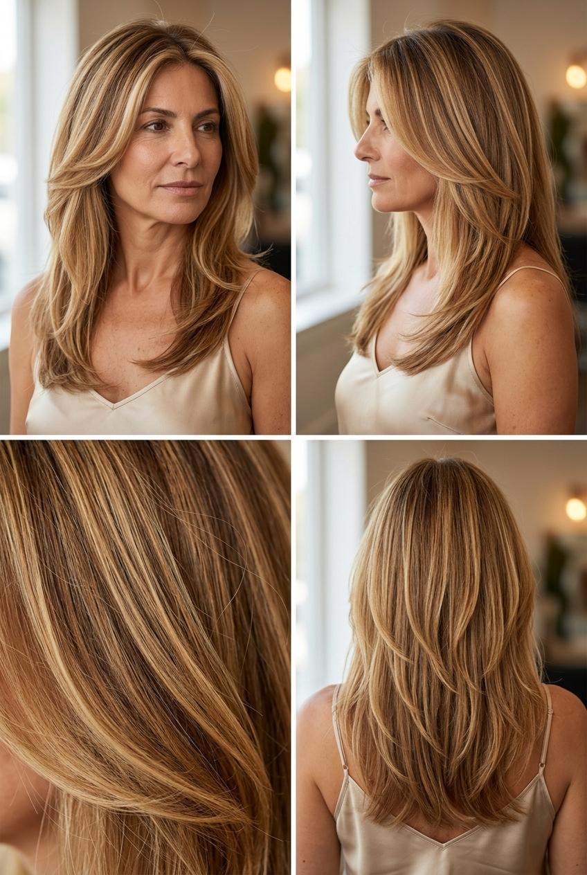 long layered haircut with golden blonde and caramel balayage, butterfly layers, V-cut back — effortless resort vacation
