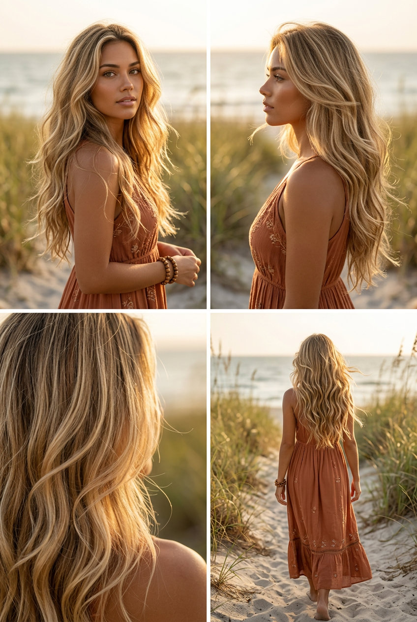 long easy hairstyle with golden blonde, honey blonde highlights, air-dried waves for relaxed weekend