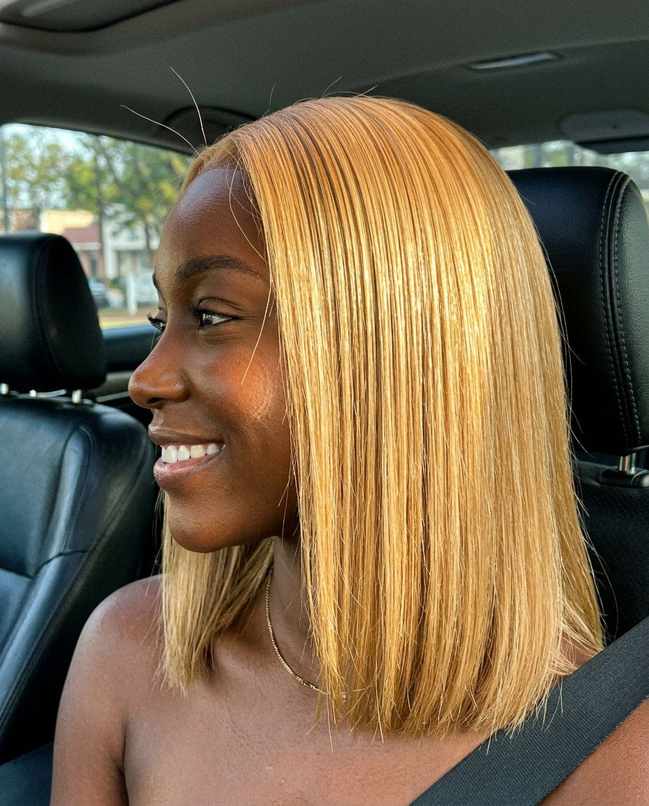 long luminous golden blonde hair with butter & cream undertones, full coverage, no fringe — bold, glamorous