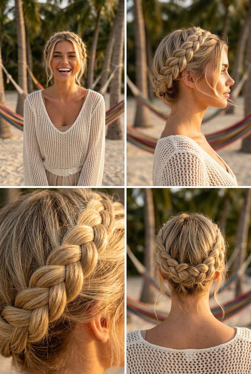long golden blonde braided crown with creamy highlights and face-framing strands for summer 2026
