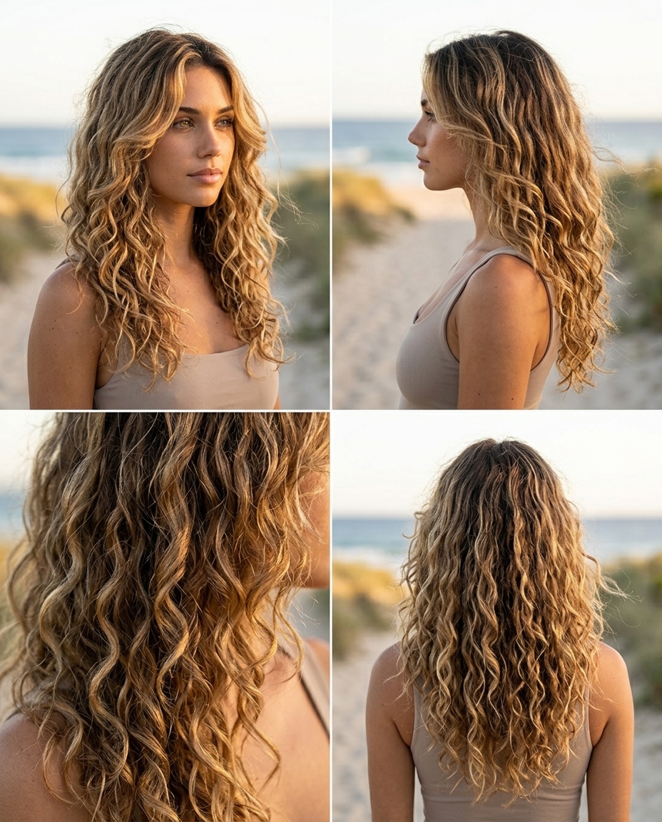 Sun-Kissed Curly Layers 2026 long layered curly cut with golden blonde balayage for summer