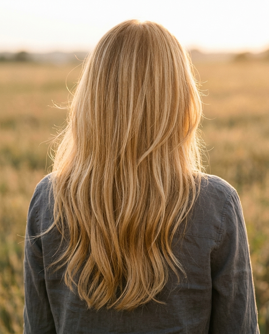 long sweeping layers with golden blonde balayage and honey caramel swirls, U-shape back, face-framing layers — bohemian radiant