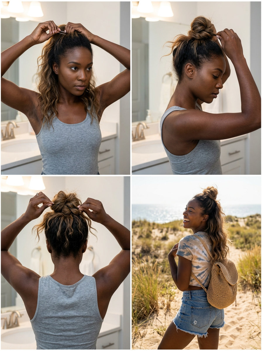 long wavy hairstyle with golden blonde balayage, half-up top knot for casual chic