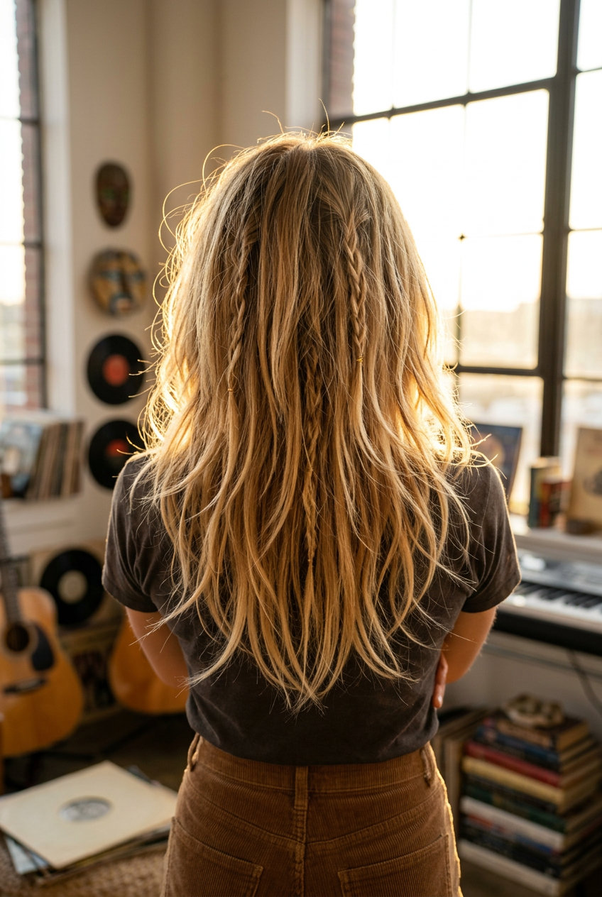 medium-length shag with braids in golden blonde, textured layers, loose face-framing pieces — playful summer style