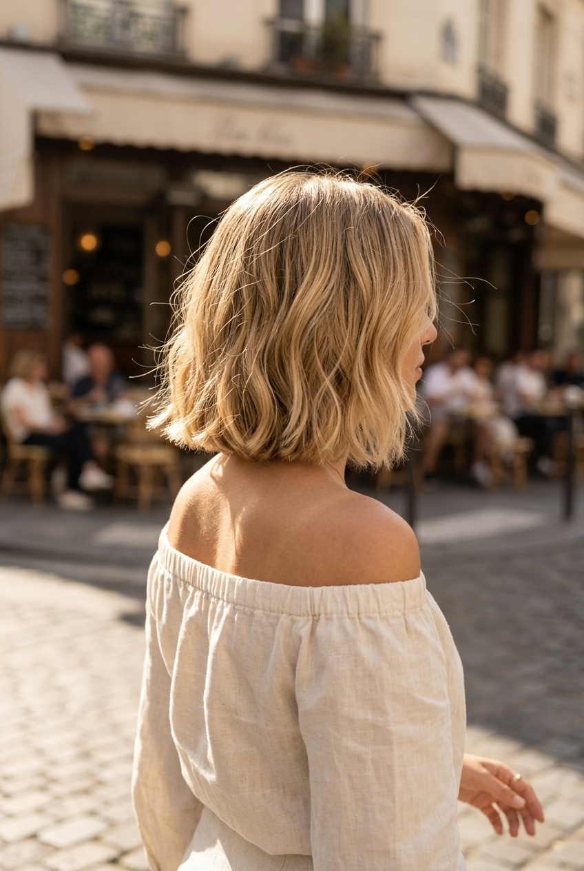 short French bob haircut in natural golden blonde with soft babylights for summer 2026
