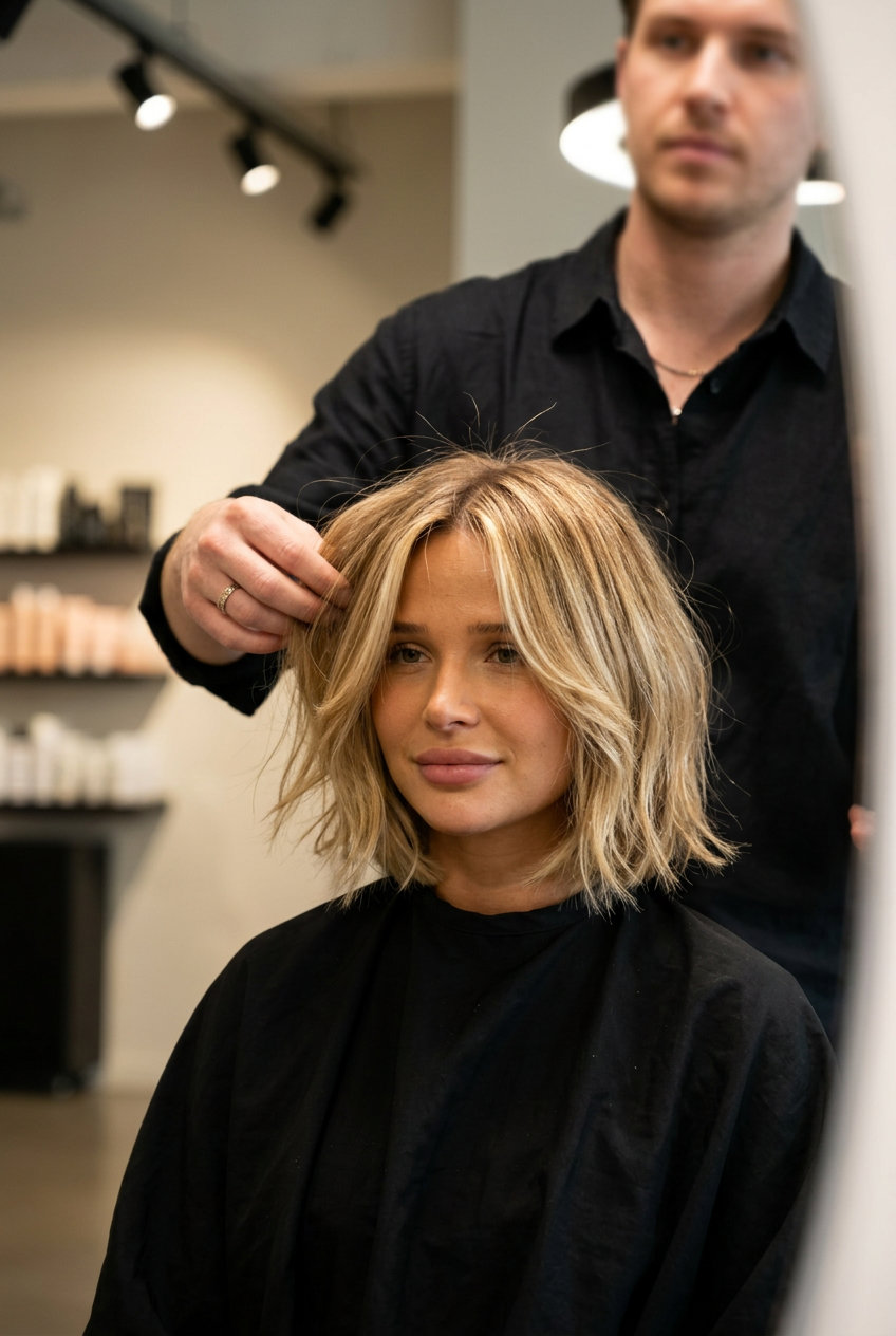 short golden blonde italian bob with creamy blonde highlights, deconstructed perimeter, no fringe — breezy vacation