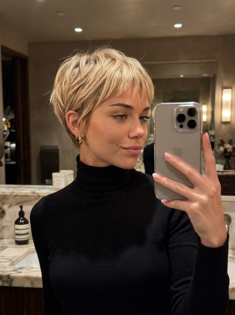 Golden Blonde Pixie Haircut 2026 very short golden blonde pixie haircut with buttercream highlights, feathered fringe, tapered sides β playful & sun-kissed