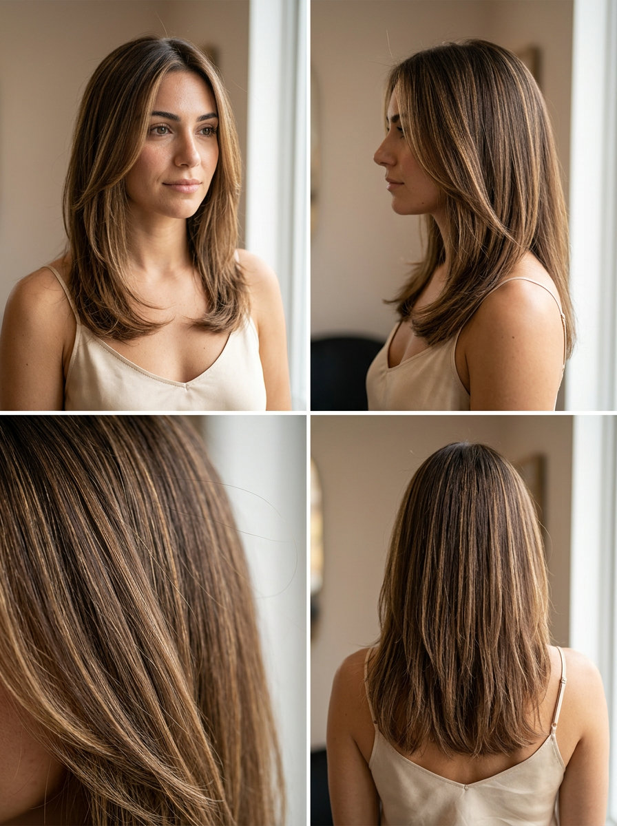 medium length haircut with golden brown babylights on brunette, invisible layers, face-framing pieces — luminous summer style