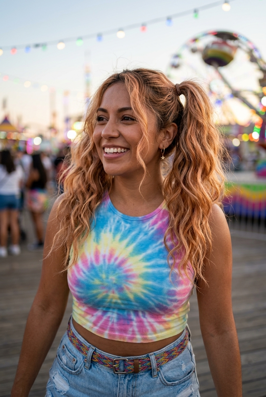 medium golden brown pigtails with wavy texture, face-framing tendrils, no fringe — playful festival look
