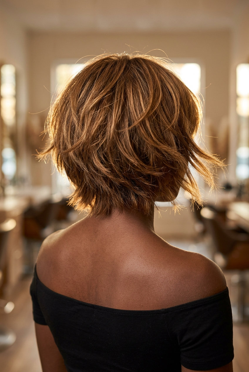 Retro Shaggy Bixie Haircut 2026 short shaggy bixie haircut in golden brown with caramel babylights and curtain bangs