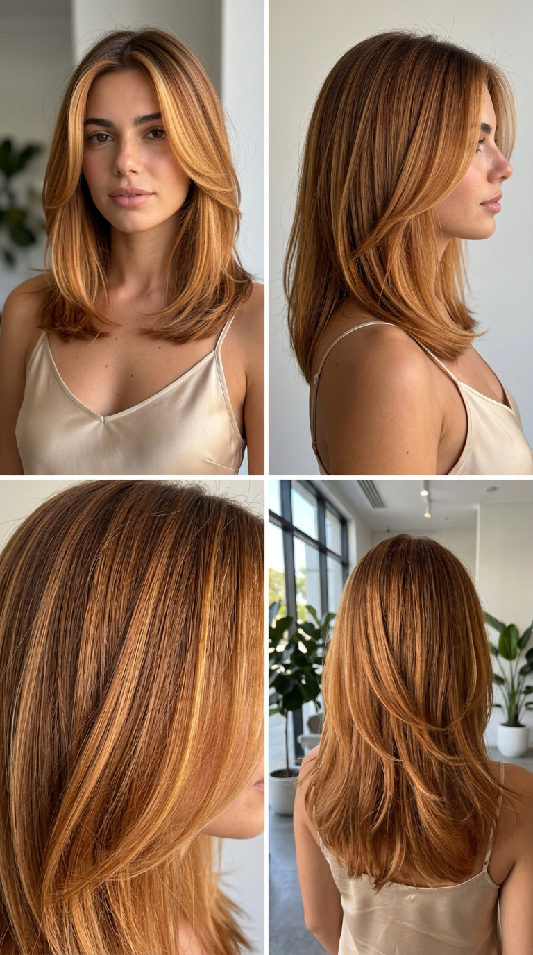 long layered golden copper balayage with bright gold babylights, root smudge for weekend getaways