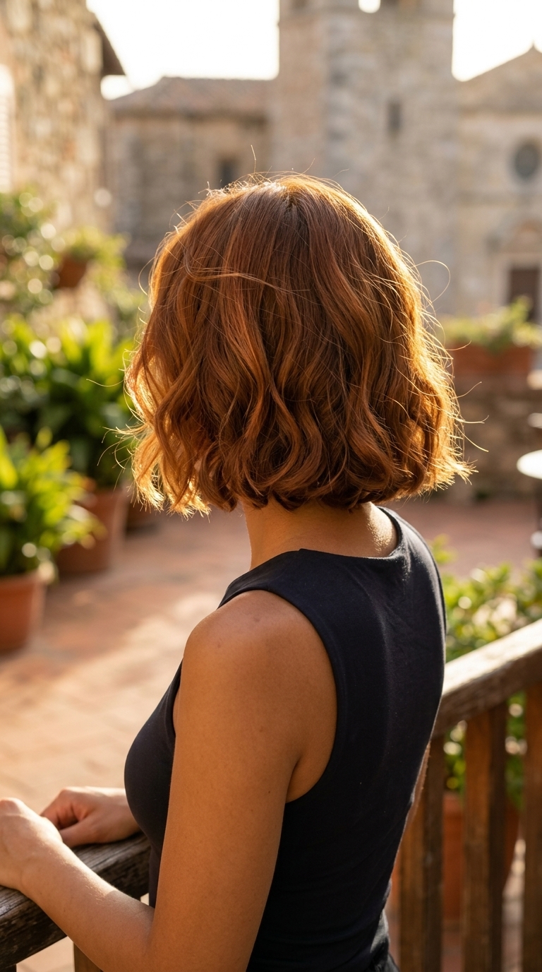 short golden copper italian bob with warm penny undertones, point-cut texture, no fringe — playful summer