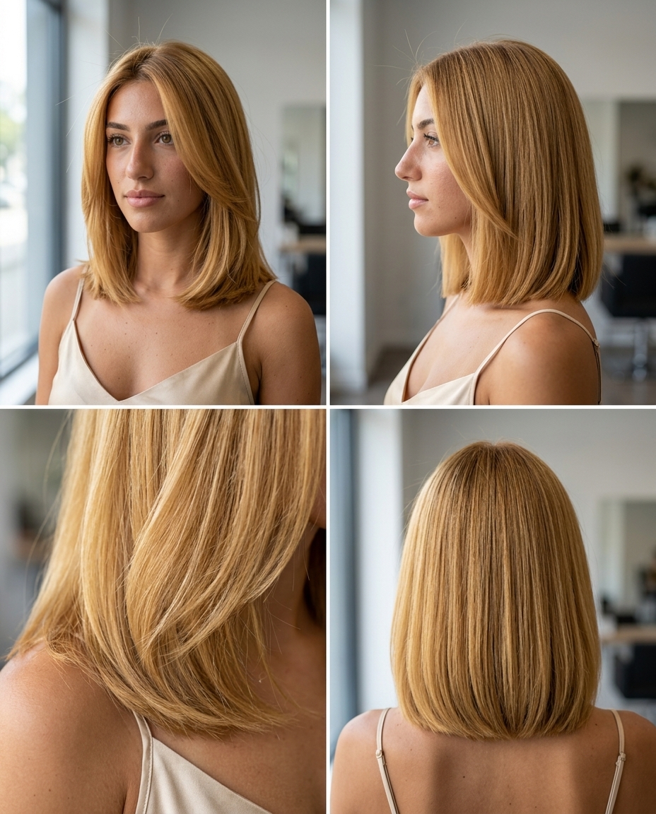shoulder-length blunt honey blonde all-over with uniform golden tones, glossy finish — classic professional look