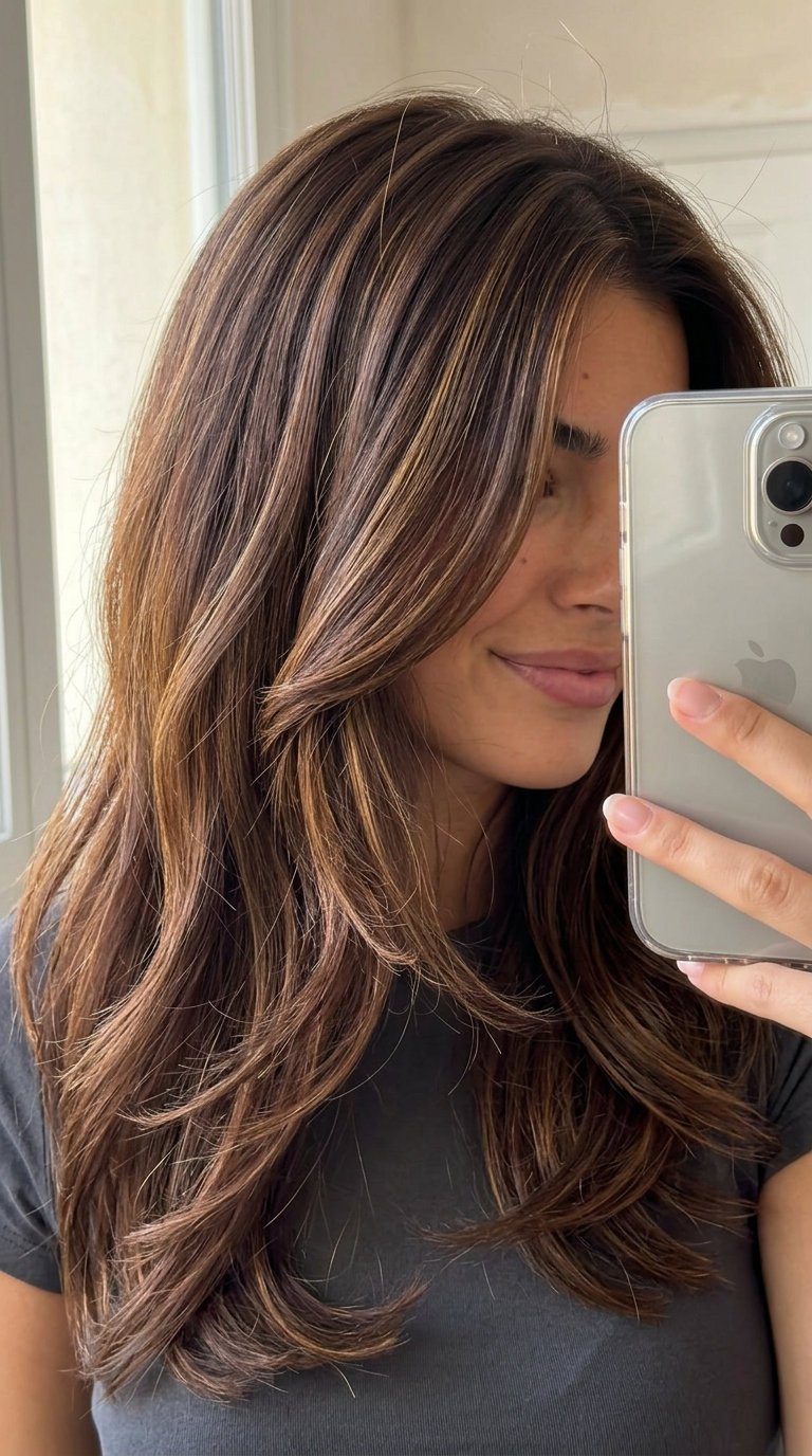 long golden mahogany balayage with textured layers and face-framing pieces for romantic waves