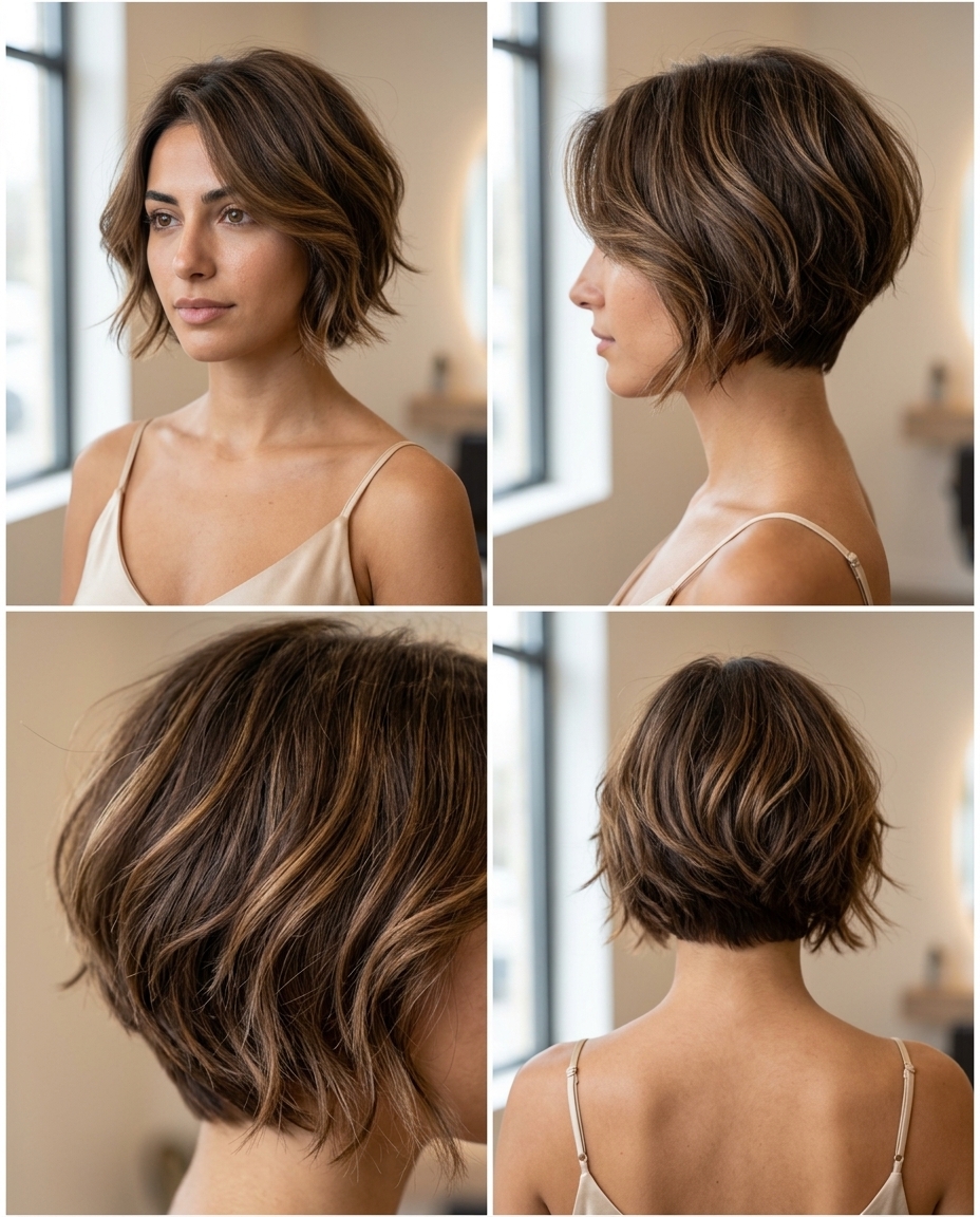 Romantic Tuscan Bixie Haircut 2026 shoulder-length layered bixie in hazelnut brunette with caramel babylights for summer