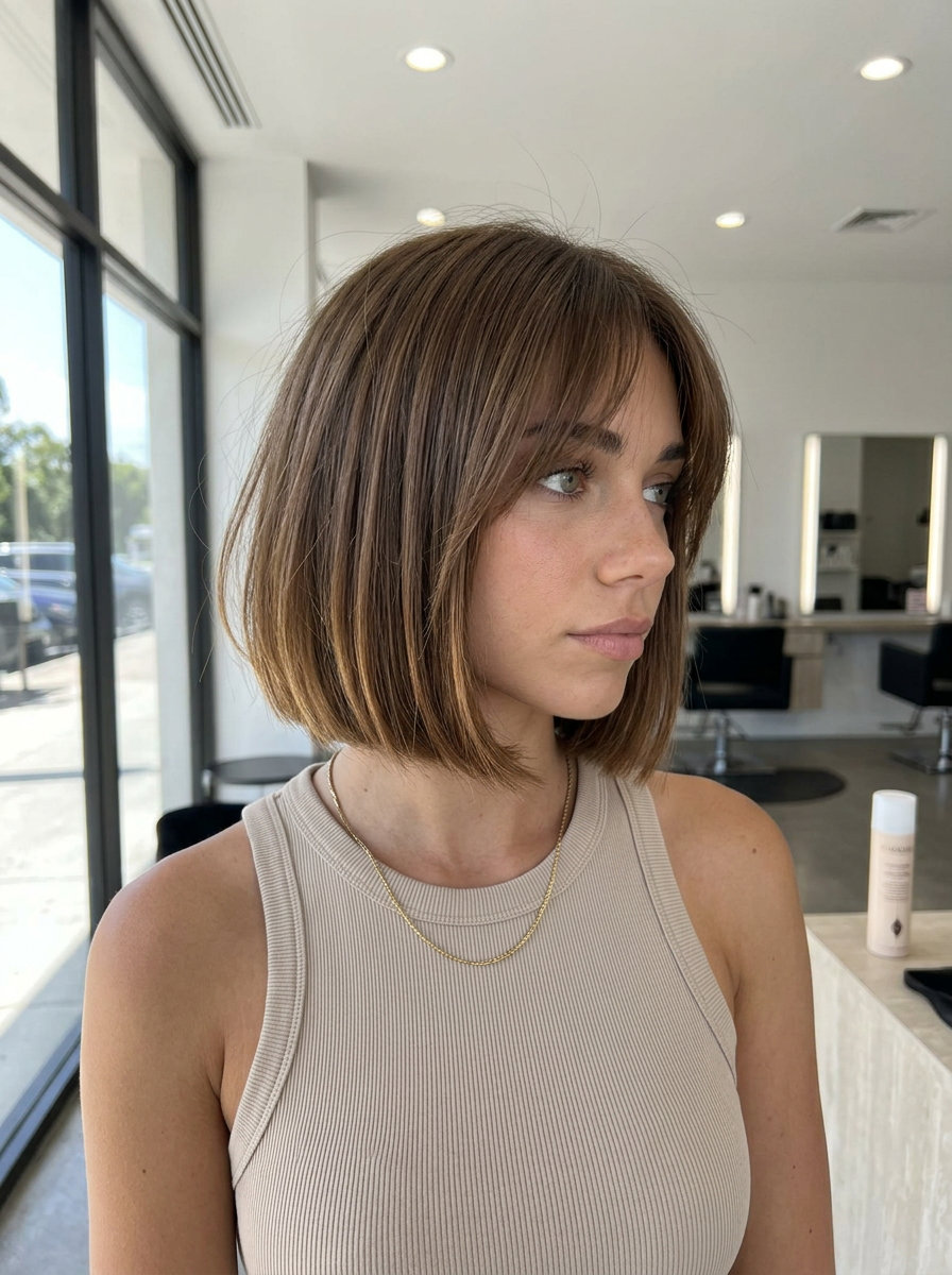 chin-length french bob haircut in warm hazelnut brunette with caramel micro-balayage and wispy bangs for summer