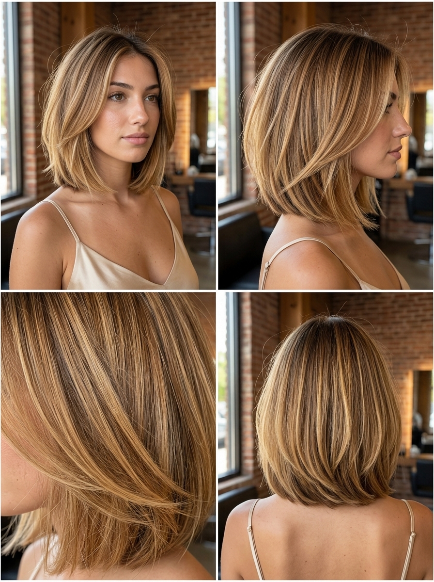 short textured bob haircut in warm honey balayage with face-framing for summer 2026