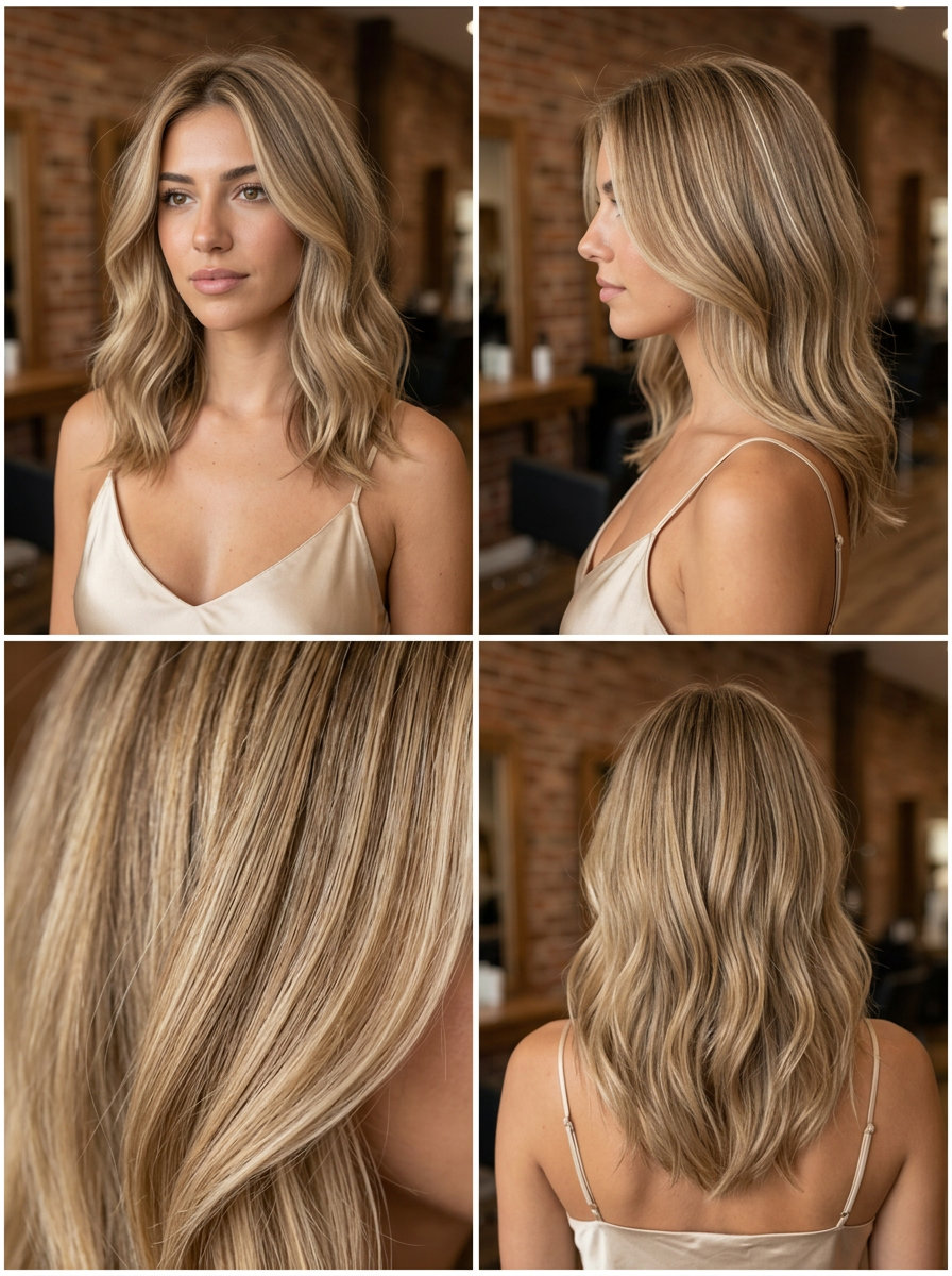 long blunt cut honey blonde color melt with sandy beige and subtle gold tones for minimalist chic