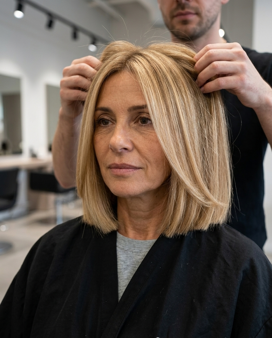 neck-length blunt bob haircut with warm honey blonde, golden beige babylights, vanilla root shadow — chic, sophisticated