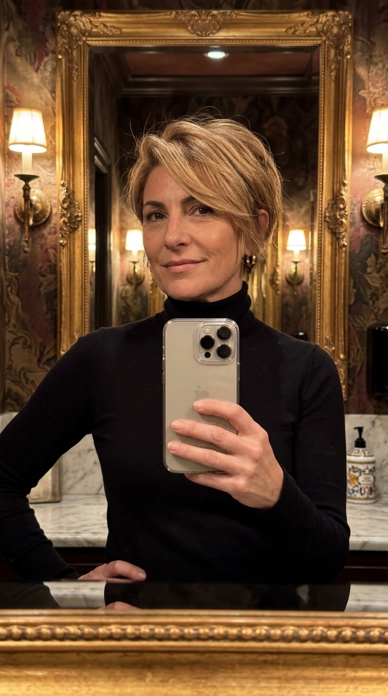 short textured bixie haircut with warm honey blonde, golden babylights, soft vanilla root shadow — youthful, playful