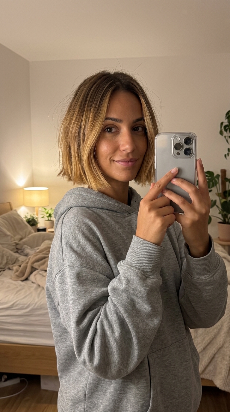 short honey blonde ombré italian bob with dark blonde base, blunt perimeter, no fringe — beachy summer