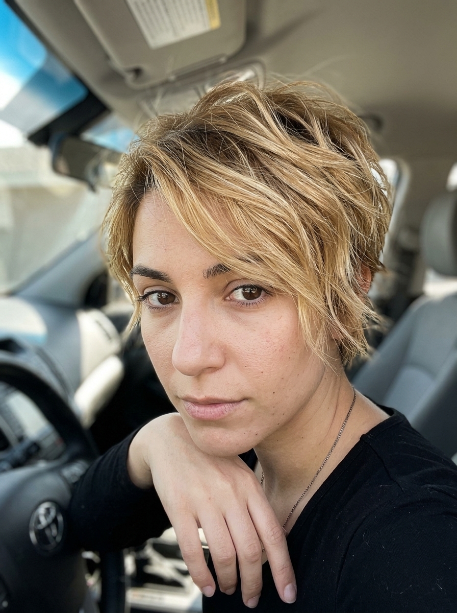 short honey blonde pixie haircut with dimensional honey blonde and soft root smudge