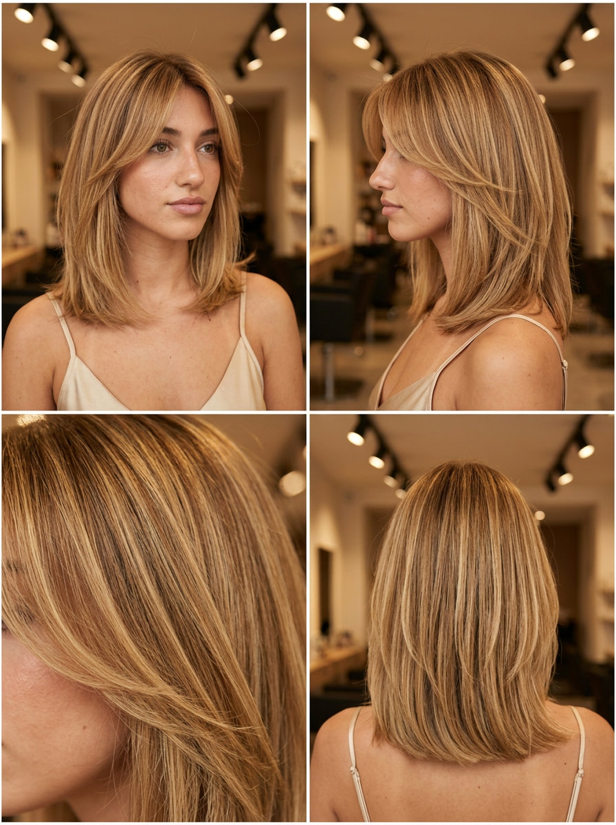 Warm Honey Blonde Bob with Curtain Bangs 2026 shoulder-length warm honey blonde bob with curtain bangs and face-framing balayage for summer