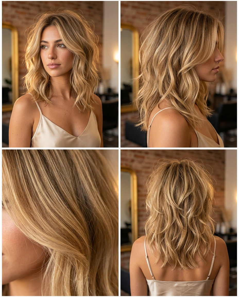 shoulder-length honey blonde wolf cut with warm golden babylights, soft graduated layers, blended curtain fringe — soft, romantic, effortless